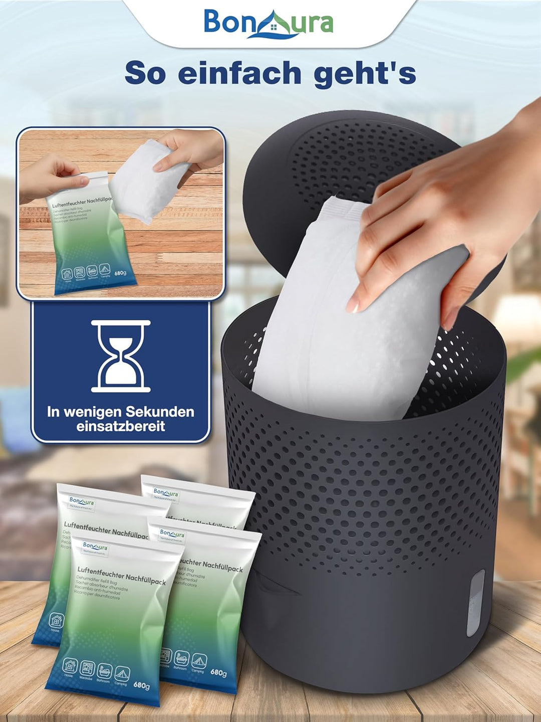 BonAura® AirOne Luftentfeuchter Nachfüllpack I 4er Set 680g Luftentfeuchter Granulat I Entfeuchter N