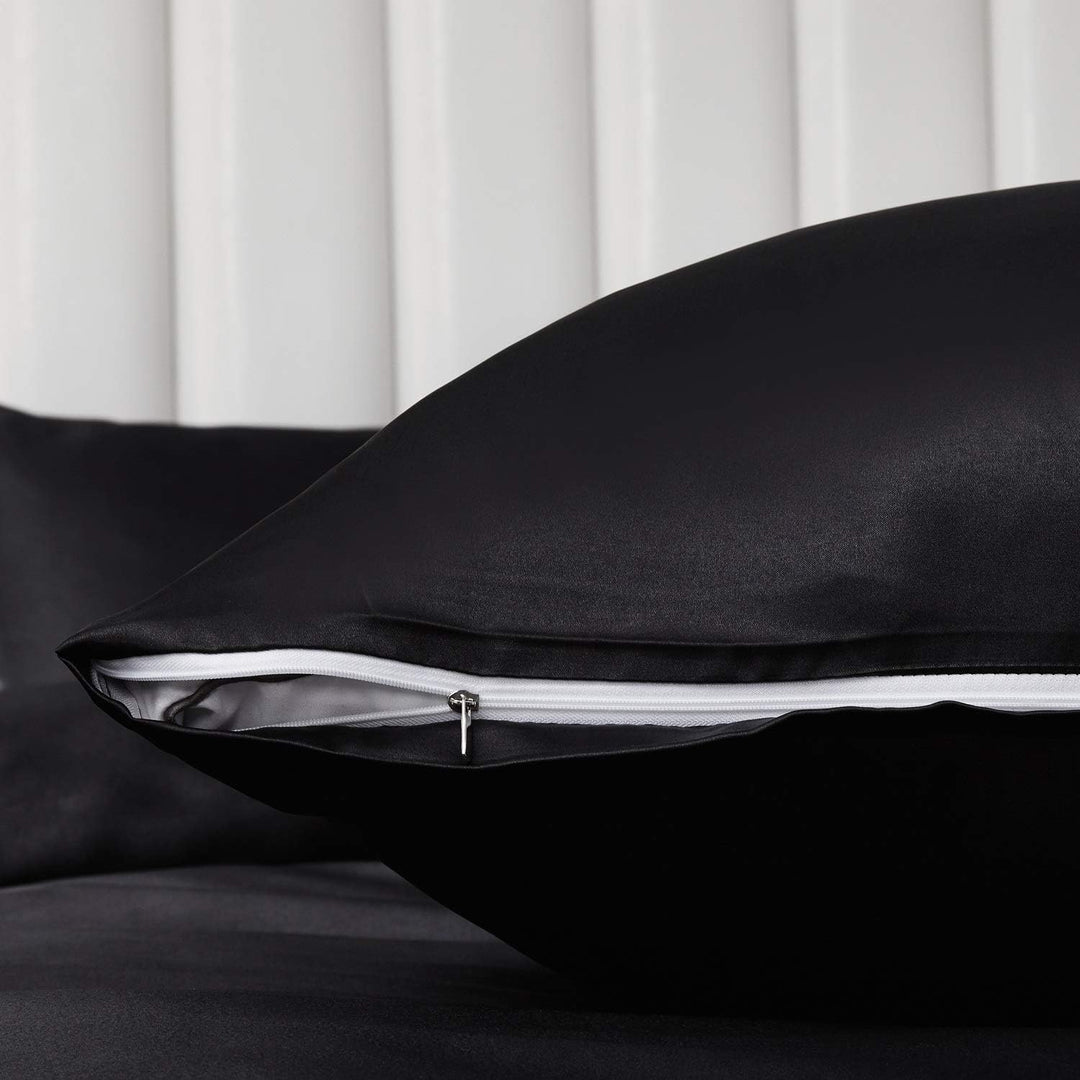 Boqingzhu Glanz Satin Bettwäsche Schwarz 200x200cm Uni Glatt Seide Bettwäsche Set Bettbezug mit Reis