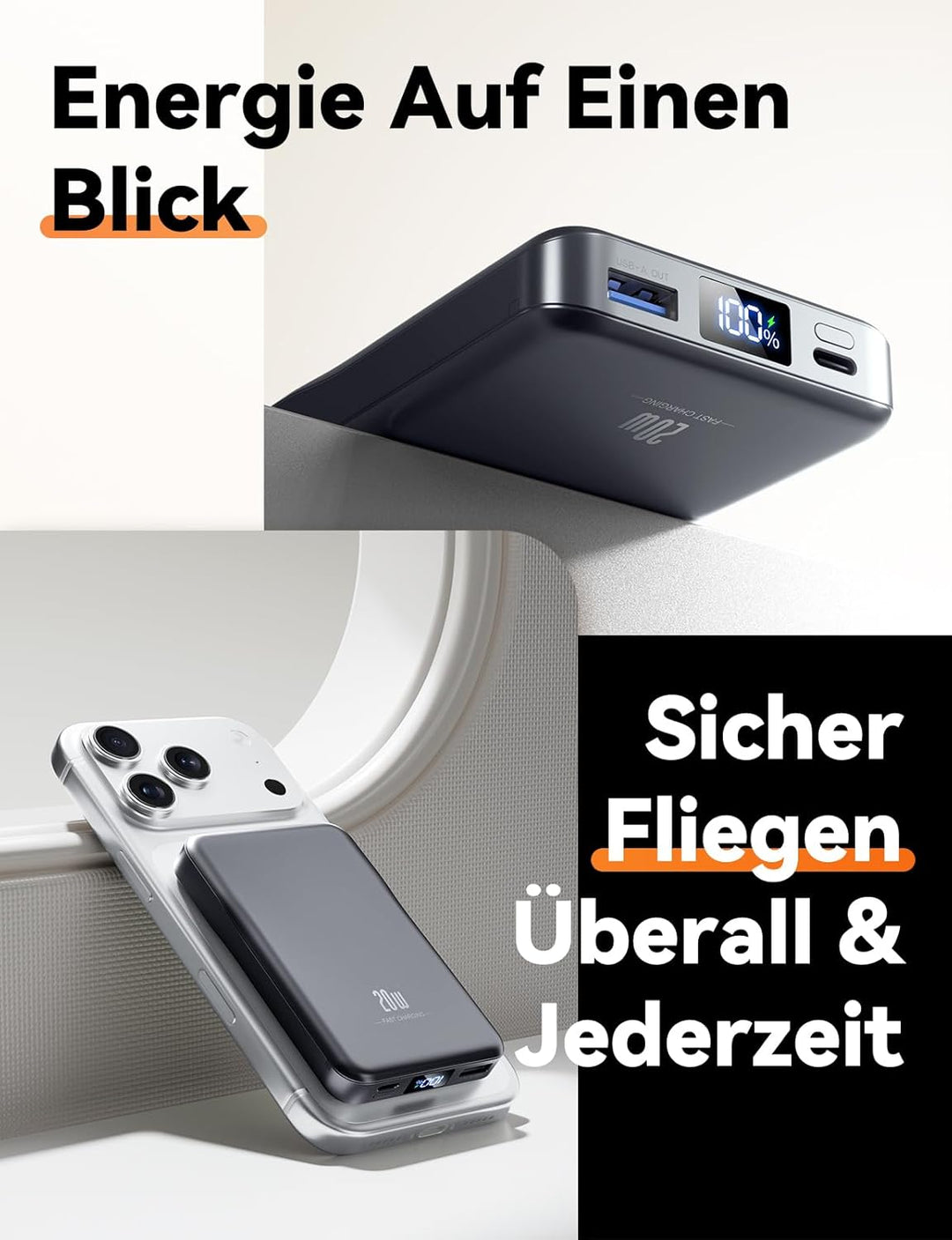 Powerbank für MagSafe, 10000mAh Magnetische Power Bank ohne Kabel, 20W PD Schnellladegerät, Kabellos