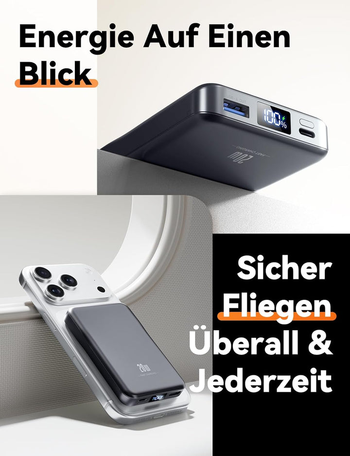 Powerbank für MagSafe, 10000mAh Magnetische Power Bank ohne Kabel, 20W PD Schnellladegerät, Kabellos