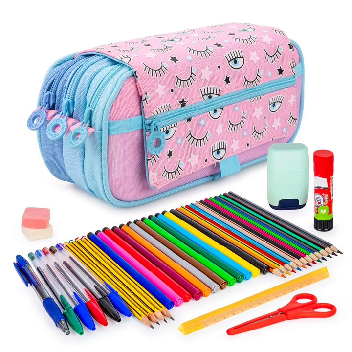 ColePack Design - Set aus Dreifach-Schulmappe mit 3 Reissverschlüssen und Schulbedarf der Top-Marken