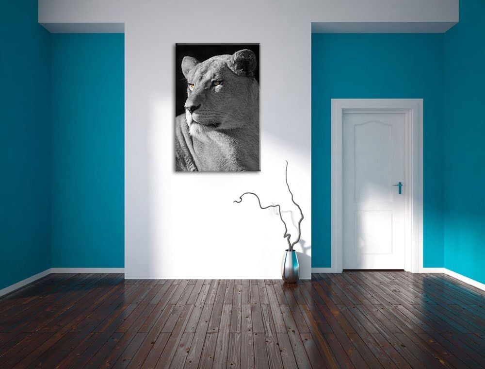 Pixxprint prächtige Löwin schwarz/weiss auf Leinwand, XXL riesige Bilder fertig gerahmt mit Keilrahm