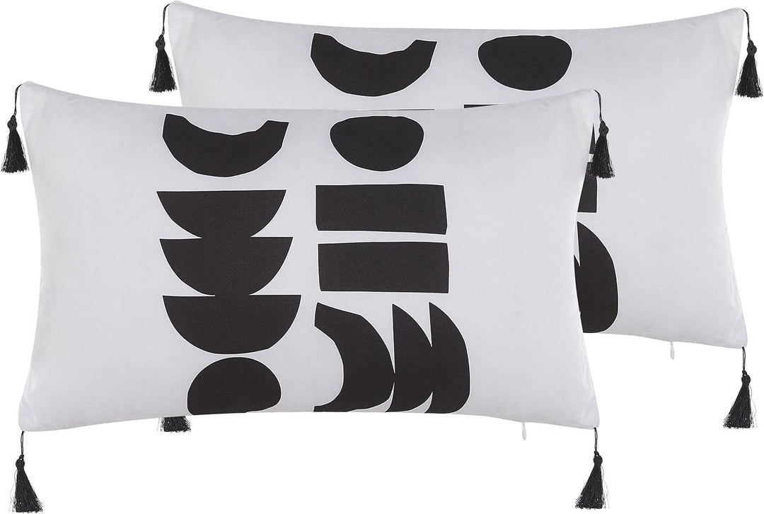Dekokissen 2er Set Weiss / Schwarz mit Fransen 30 x 50 cm Glamour Modern Liriope
