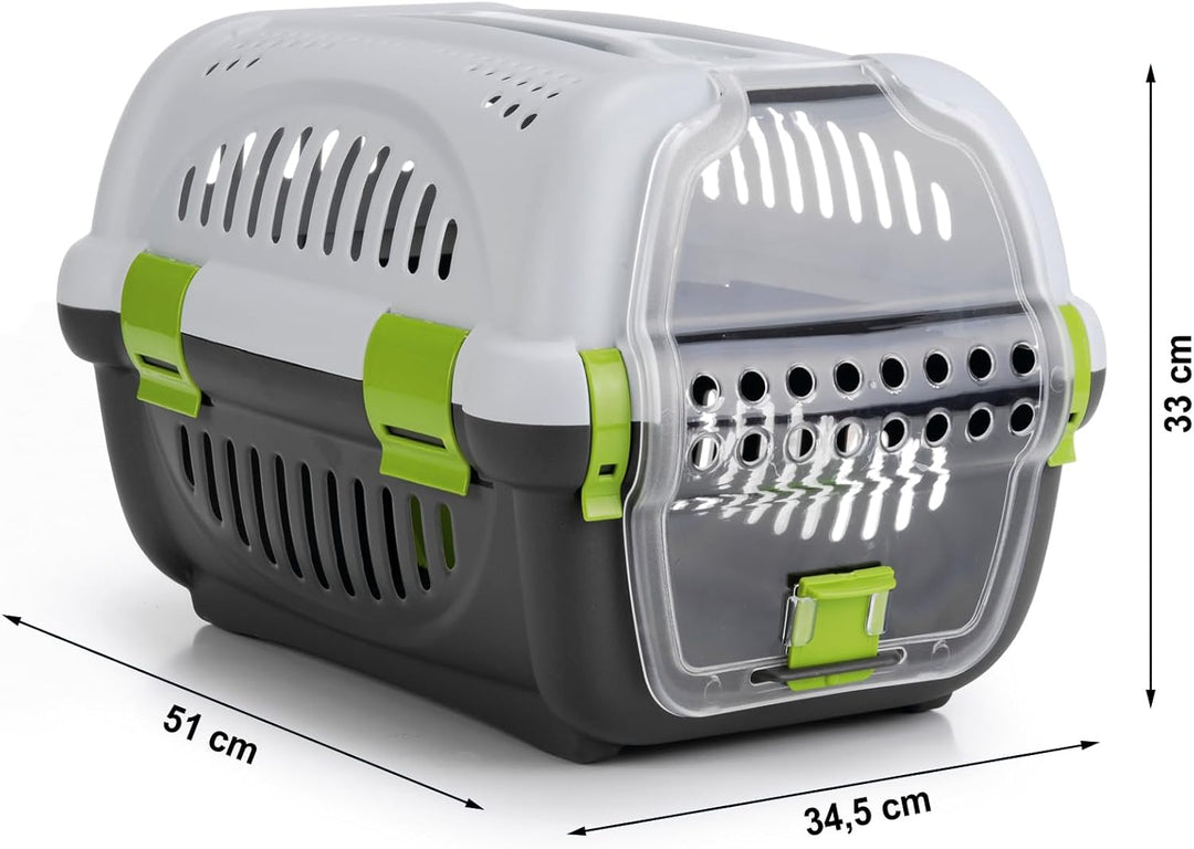 Beeztees Rhino, Transportbox, für kleine Hunde und Katzen, grau/grün, 51x34,5x33 cm