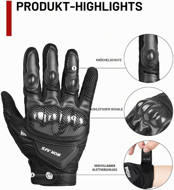 Motorradhandschuhe Atmungsaktive Motorradhandschuhe Leder Vollfinger Knöchelschutzpolster Touchscree