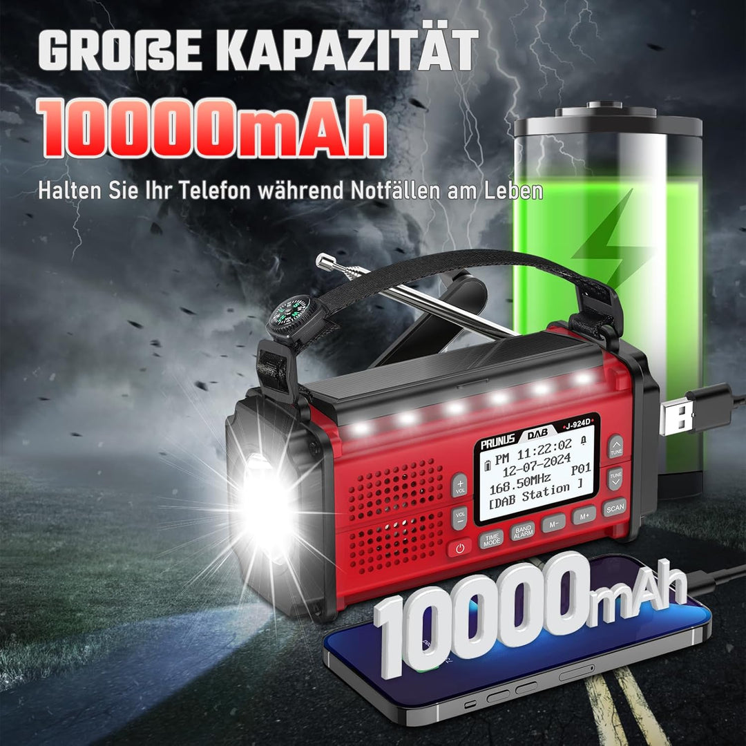 PRUNUS J-924D Digital Radio DAB+/UKW, Kurbelradio Notfall mit 10000mAh Akku, DAB Radio mit Bluetooth