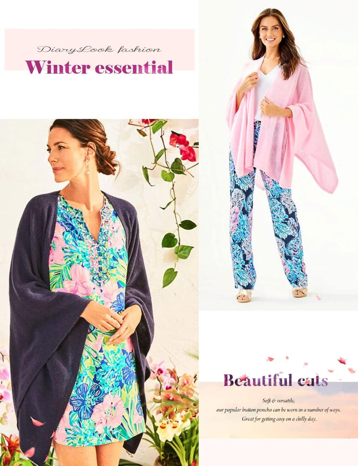 DiaryLook Kaschmir-Feeling gestrickter Poncho Damen Elegant, Langer Cape Damen Poncho für Frauen, we