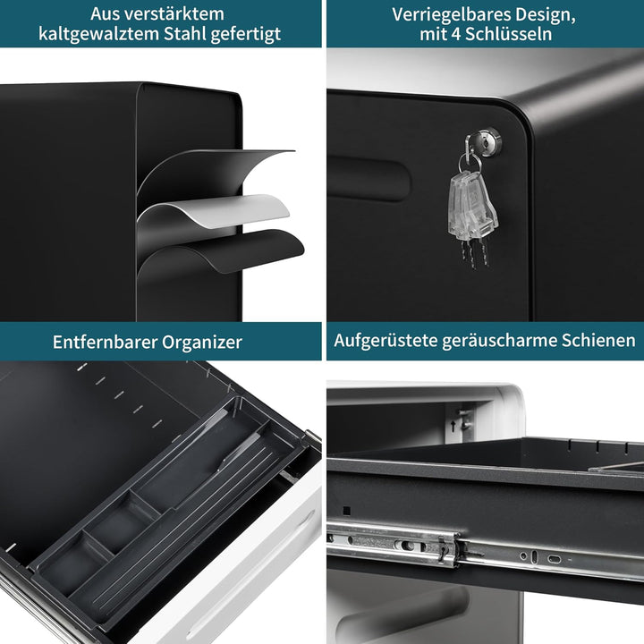 LVSTEEL Rollcontainer mit 4 Schubladen, Aktenschrank, Abgerundetes Eckendesign, Abschliessbar, 4 Sch