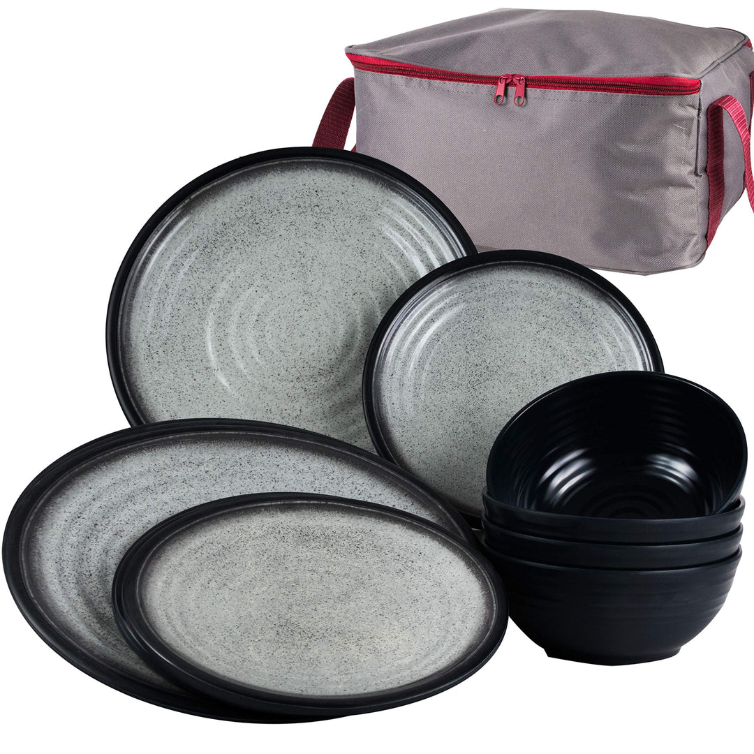 Melamin Geschirr Set für 4 Personen Grau Granit-Optik 13 Teile - mit Aufbewahrungstasche - Campingge