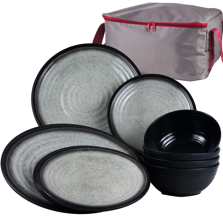 Melamin Geschirr Set für 4 Personen Grau Granit-Optik 13 Teile - mit Aufbewahrungstasche - Campingge