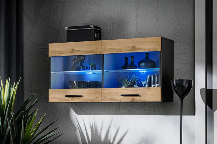 Komodee, Vitrine Schrank Savona, Schwarz/Wotan, Breite 100cm x Höhe 50cm x Tiefe 30cm, LED RGB, 2 Gl