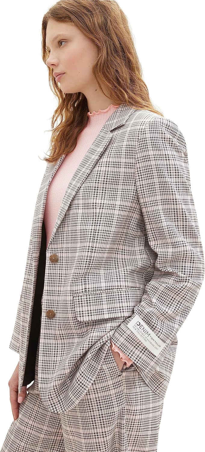 TOM TAILOR Denim Damen Loose Fit Blazer mit Karomuster XS 32456-rose Grey Check, XS 32456-rose Grey