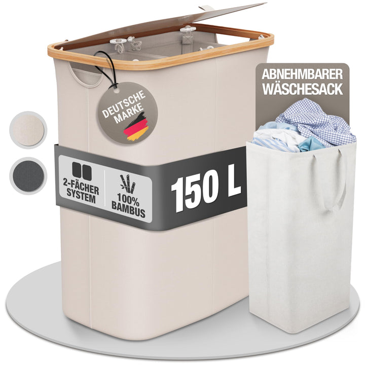 Wäschekorb 2 Fächer mit 1 Deckel 150 Liter Bambus-Stoff Beige Gross XXL - Wäsche Sortiersystem Wäsch