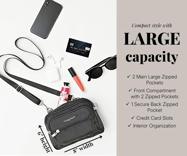 Baggallini Triple Zip Mini Sac bandoulière, Gris Charcoal, Charcoal