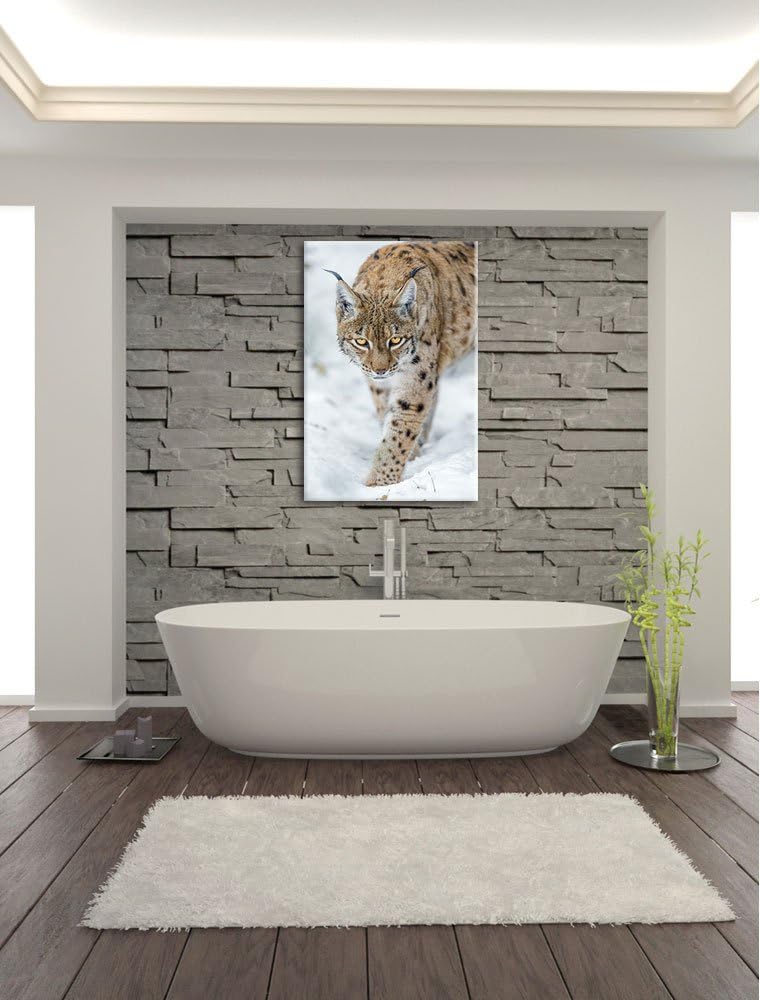 Pixxprint wachsamer Luchs im Schnee auf Leinwand, XXL riesige Bilder fertig gerahmt mit Keilrahmen,