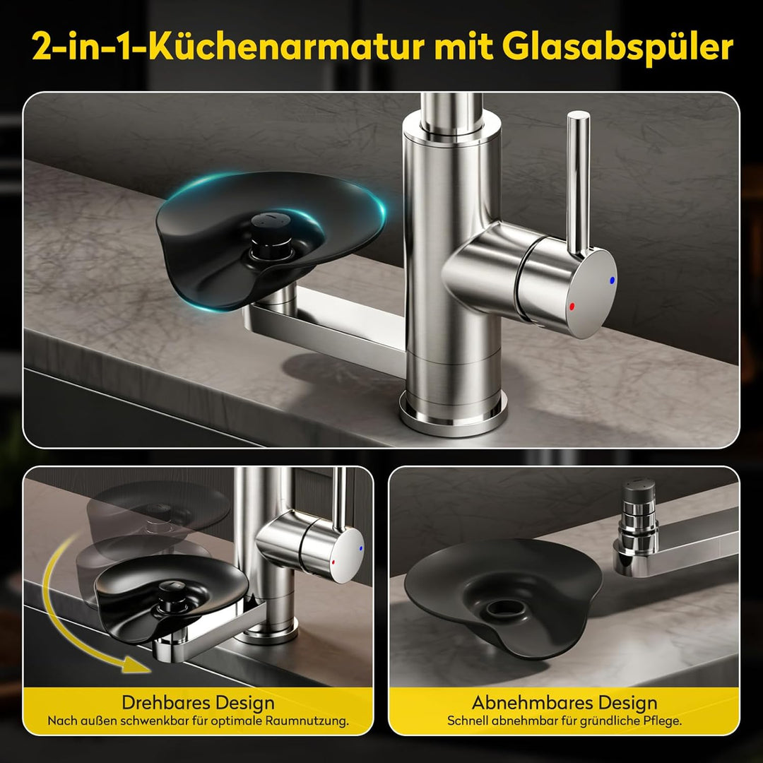 JONKEAN Hochdruck Küchenarmatur mit Brause, Armatur Küche mit Gläserspüler, 360° Drehbar Mischbatter