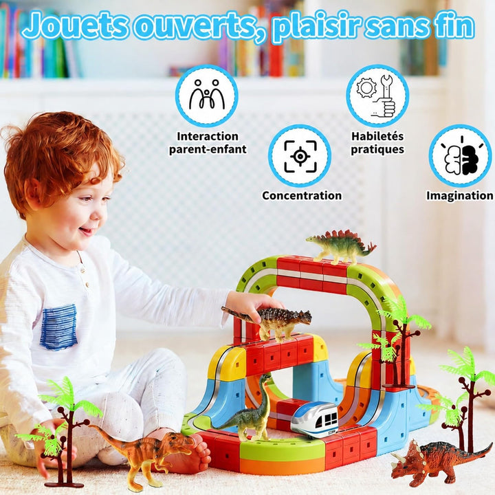 Clickrail Electric Train Set Flexible Race Track, Block Zug mit Dinosaurierspielzeug/Kokospalme/Aufk