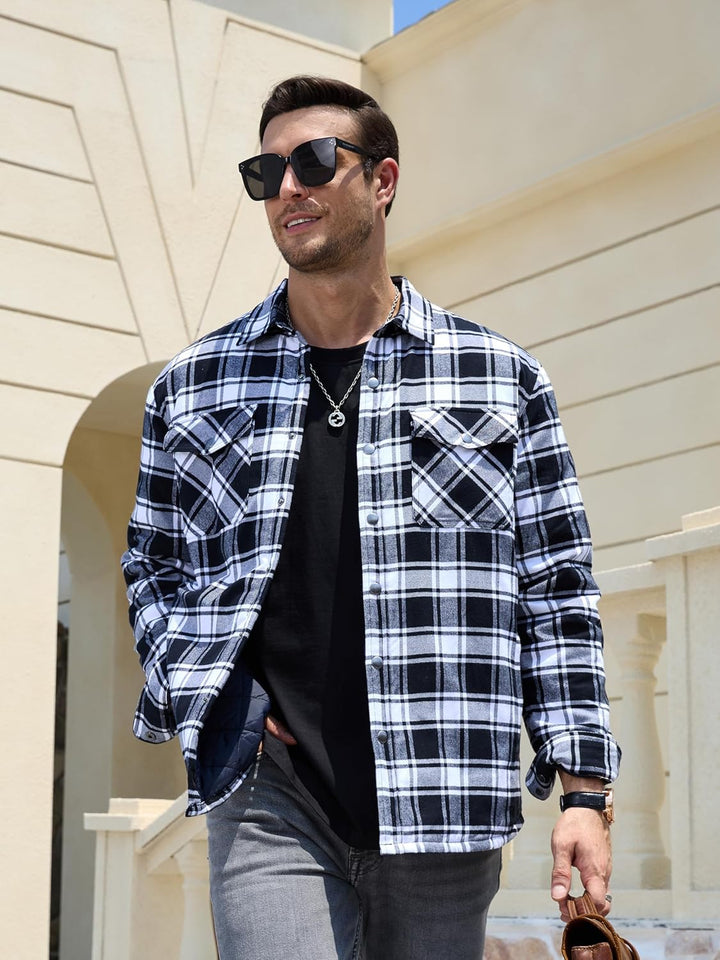 TACVASEN Herren Karierte Hemdjacke Flanellhemd Holzfällerhemd Thermohemd Jacke M Schwarz, M Schwarz