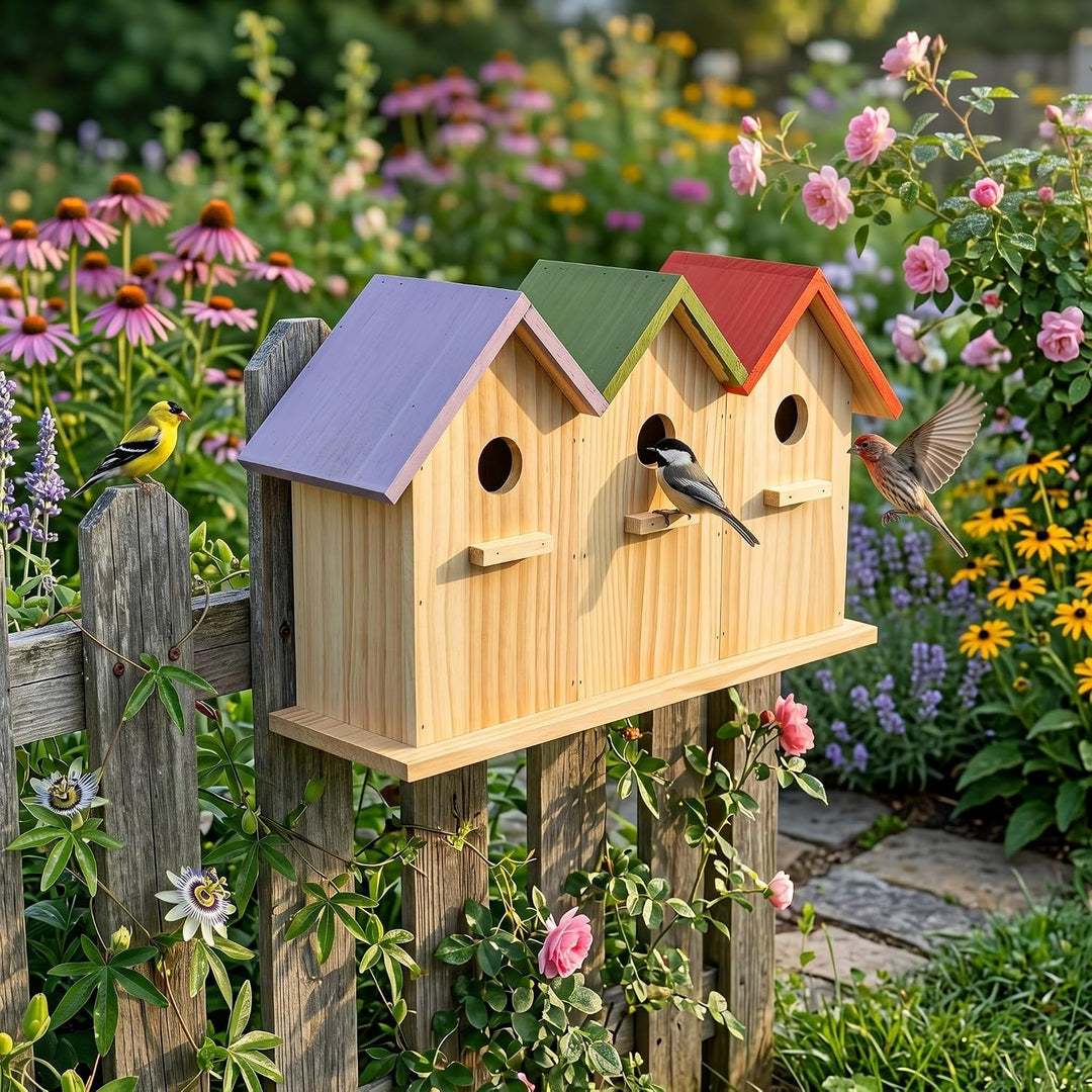 colourliving Nisthaus Birdy 3er Vogelhaus Holz Nistkasten | Holz 42 x 25 x 13 cm 32 mm Einflugloch f