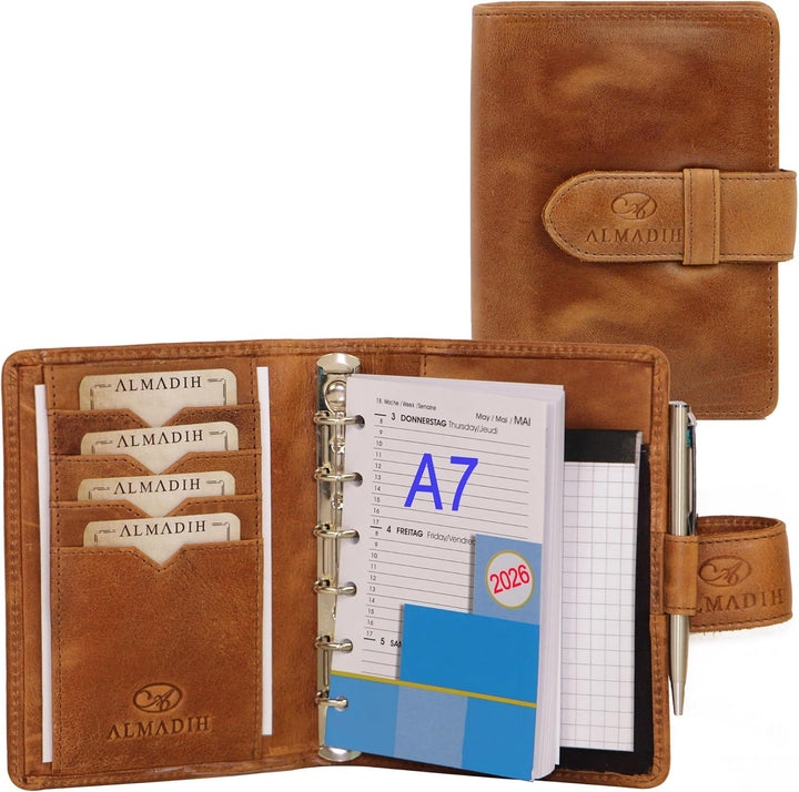 ALMADIH Leder A7 Terminplaner Kalender 2024 Notizblock Premium Rindsleder BD in Geschenkbox Ledermap