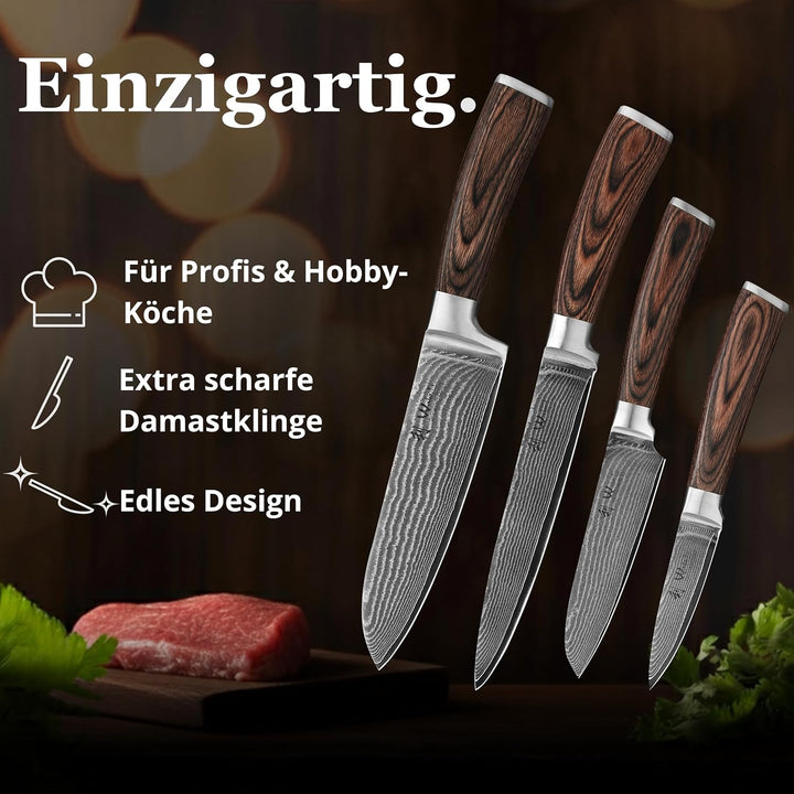 Wakoli Edib 4er Damastmesser-Set mit Klingenlängen von 8,50cm bis 18,00cm extrem scharf aus 67 Lagen