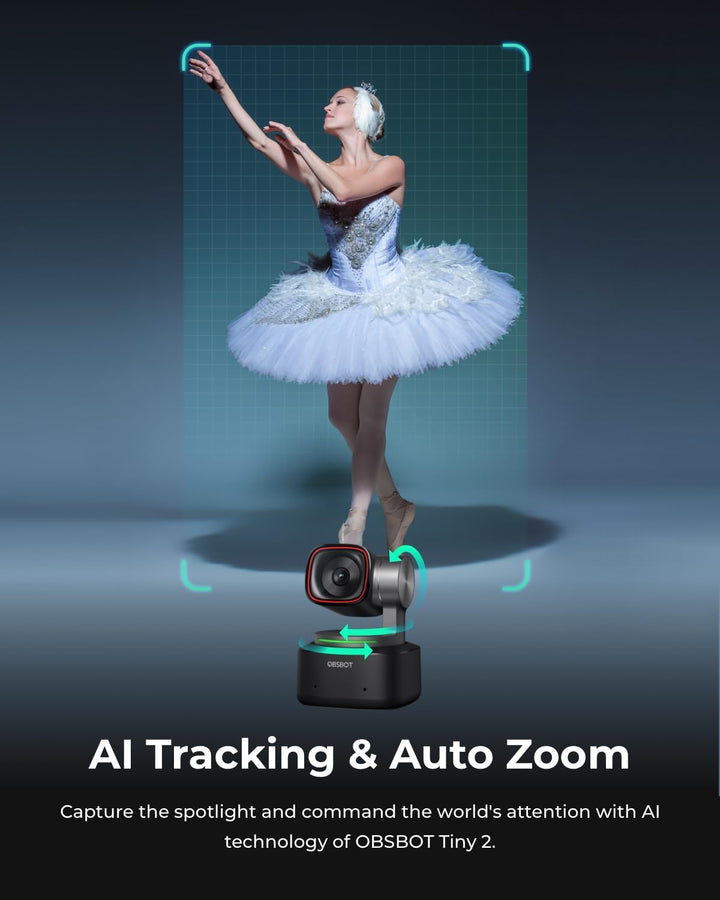 OBSBOT Tiny 2 - PTZ 4K Webcam & Fernbedienung,KI-Tracking, Sprachsteuerung, Gestensteuerung, Autofok