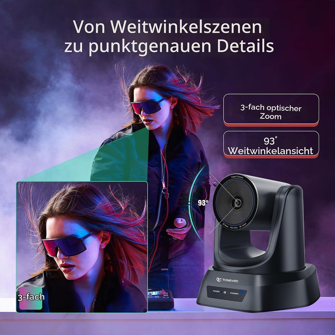TONGVEO 4K PTZ-Konferenzkamera, KI-Auto-Tracking, 3X optischer Zoom, HDMI/USB 3.0, 93°-Weitwinkel fü