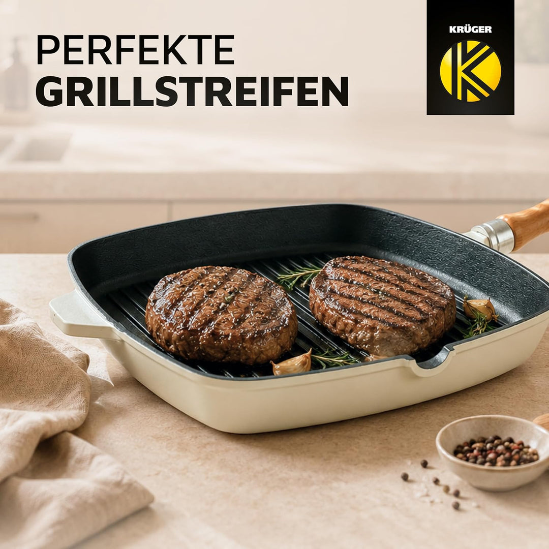 KRÜGER Gusseisen-Grillpfanne mit Holzgriff - 28 x 28 cm - emailliert - hohe Hitzebeständigkeit und l