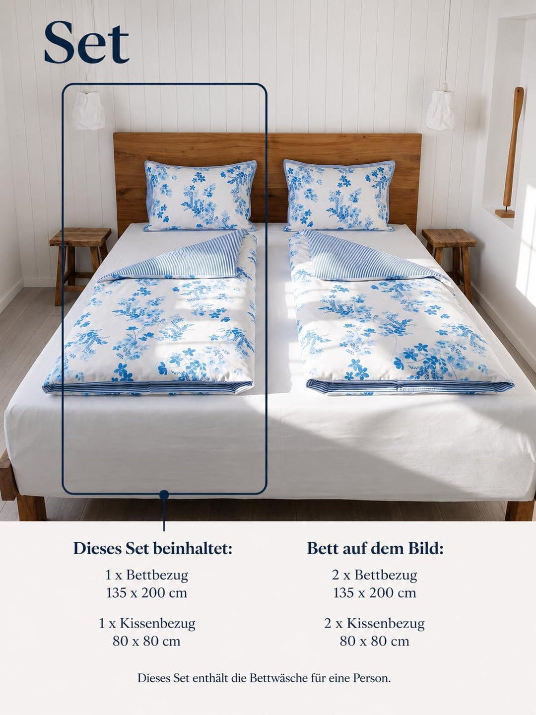 LERUUM Bettwäsche Set 135X200 Baumwolle Streifen Blumen Reversibel Blau Bettbezugen (135 x 200 + 80