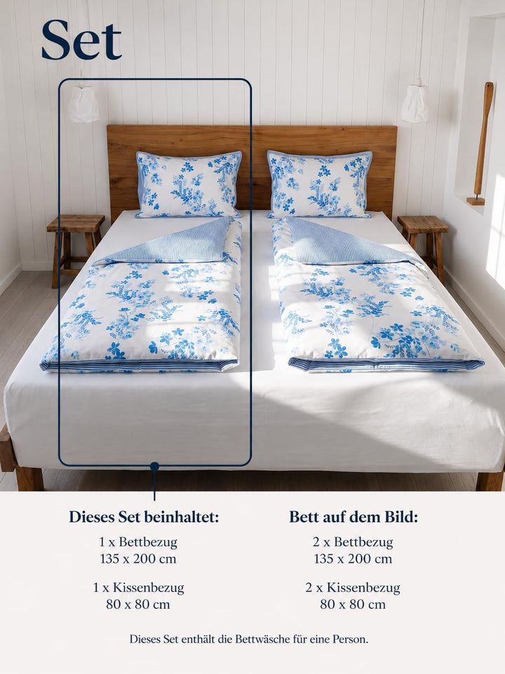 LERUUM Bettwäsche Set 135X200 Baumwolle Streifen Blumen Reversibel Blau Bettbezugen (135 x 200 + 80