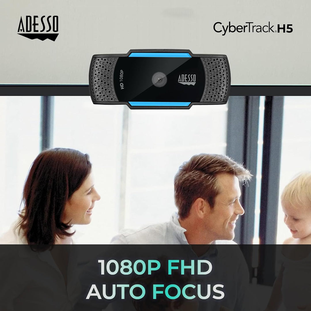 Adesso CyberTrack H5 Webcam HD 1080P - Autofokus-Webcam - eingebautes Doppelmikrofon - Stativhalteru