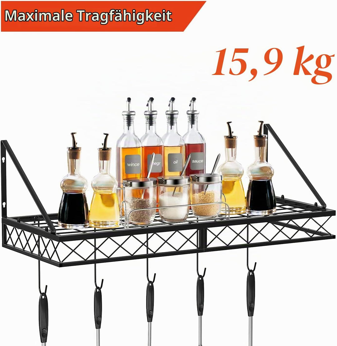 Bomclap Küchenregal Pfannenhalter, Eisen Küchenregal Hängend Topf-Rack mit 10 Haken, Küchenwand Rega