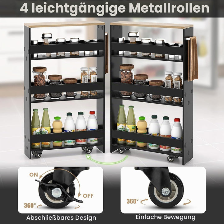 FANTASK 4 Etagen Nischenwagen mit Griff &amp; Geländern, Küchenregal schmal auf Rollen, Badregal Rollwag