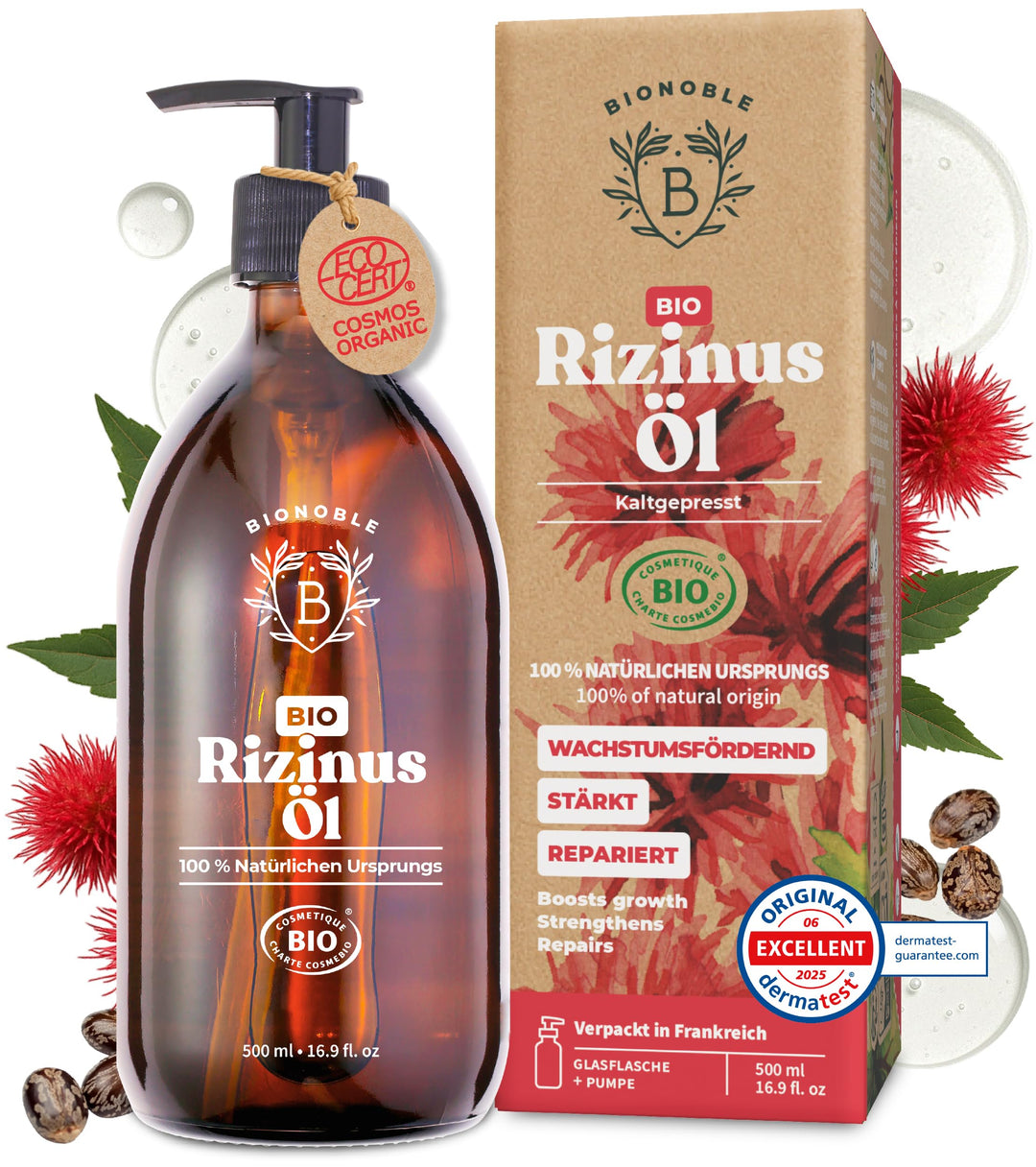 Bionoble Rizinusöl Bio 500ml - 100% Rein, Natürlich, Kaltgepresst - Wimpern, Augenbrauen, Haare, Bar