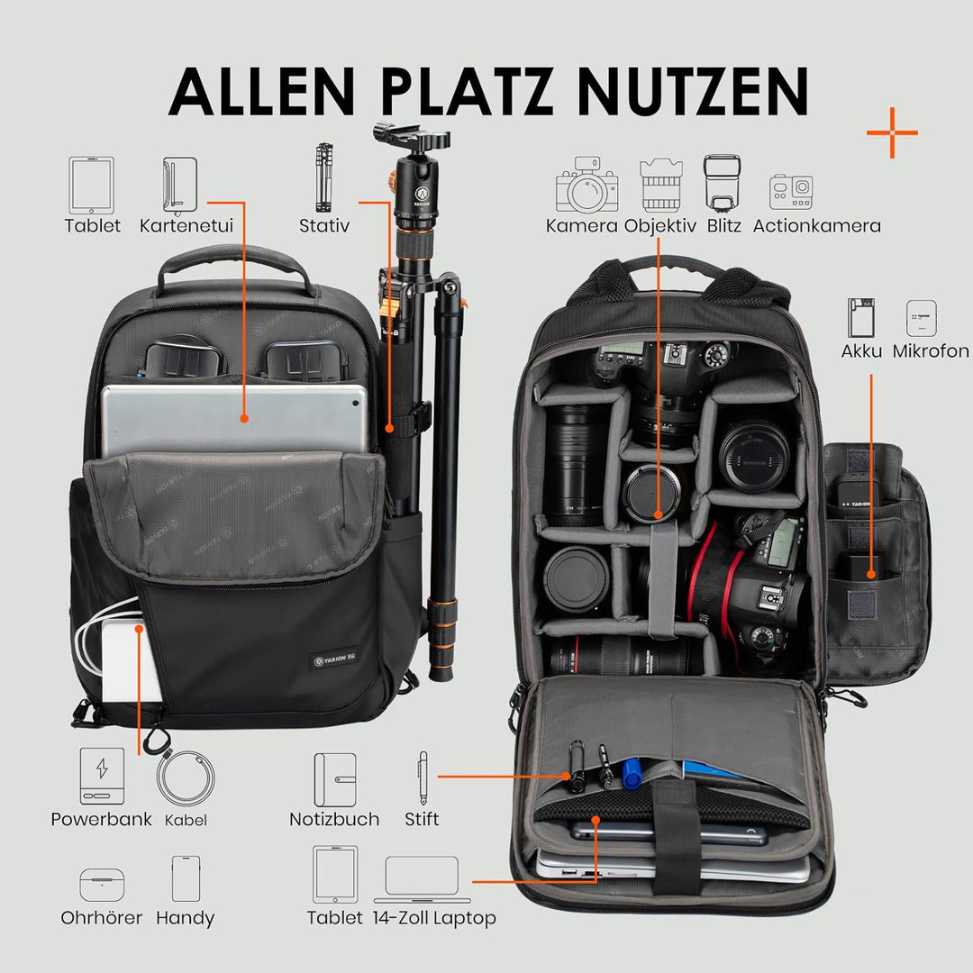 TARION Kamerarucksack Wasserdicht Fotorucksack SLR Kameratasche Kamera Rucksack mit 14 Zoll Laptopfa