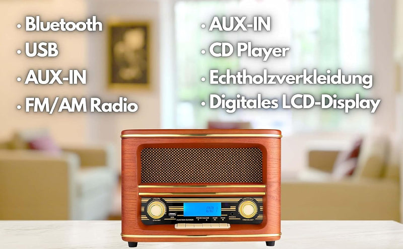 Nostalgie Kompaktanlage | Bluetooth | LCD Display | Retro Radio Holz mit CD Player | USB | Musikanla