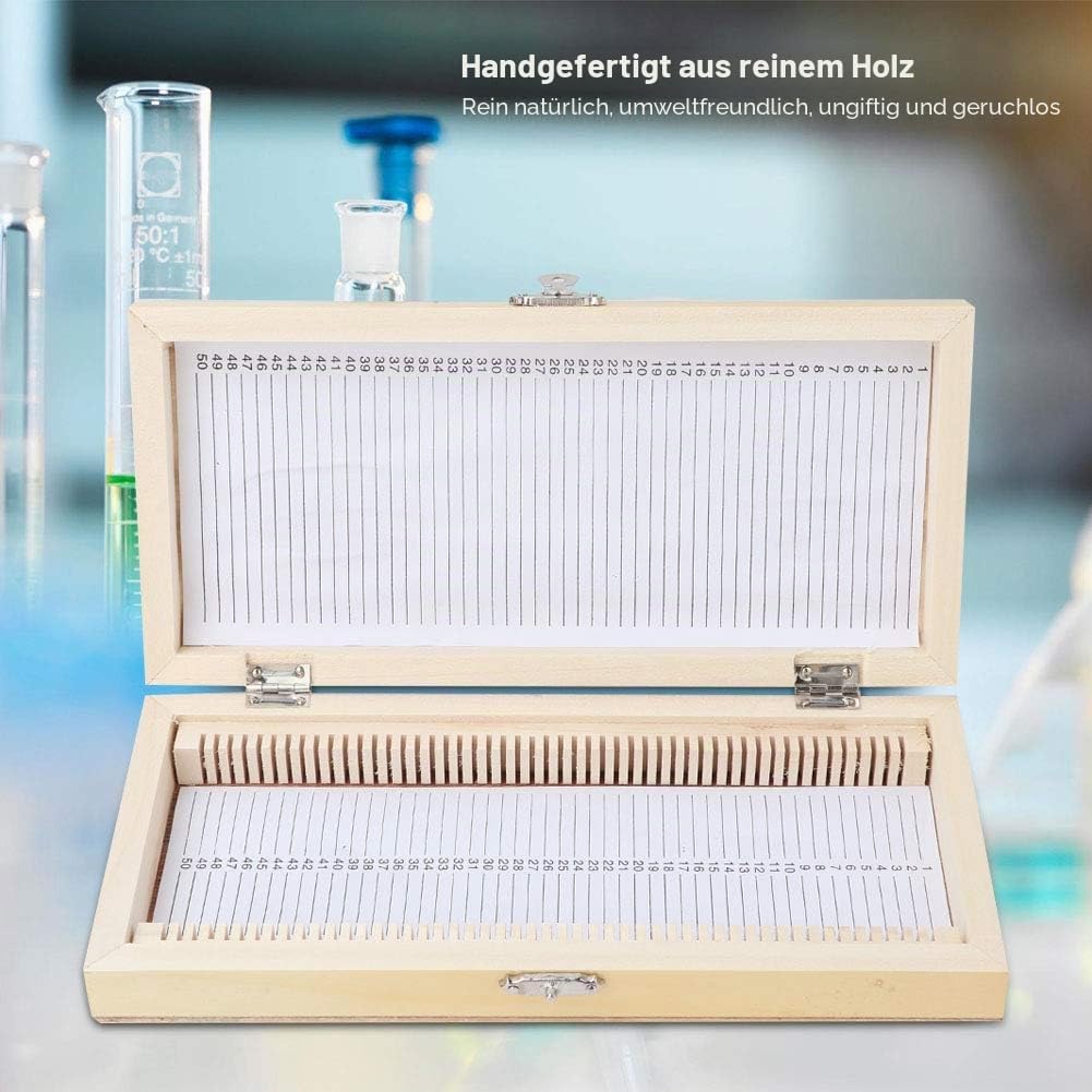 Mikroskop Objektträger Aufbewahrungsbox, 50 Scheiben Wooden Biology Slide Aufbewahrungsbox mit Numme