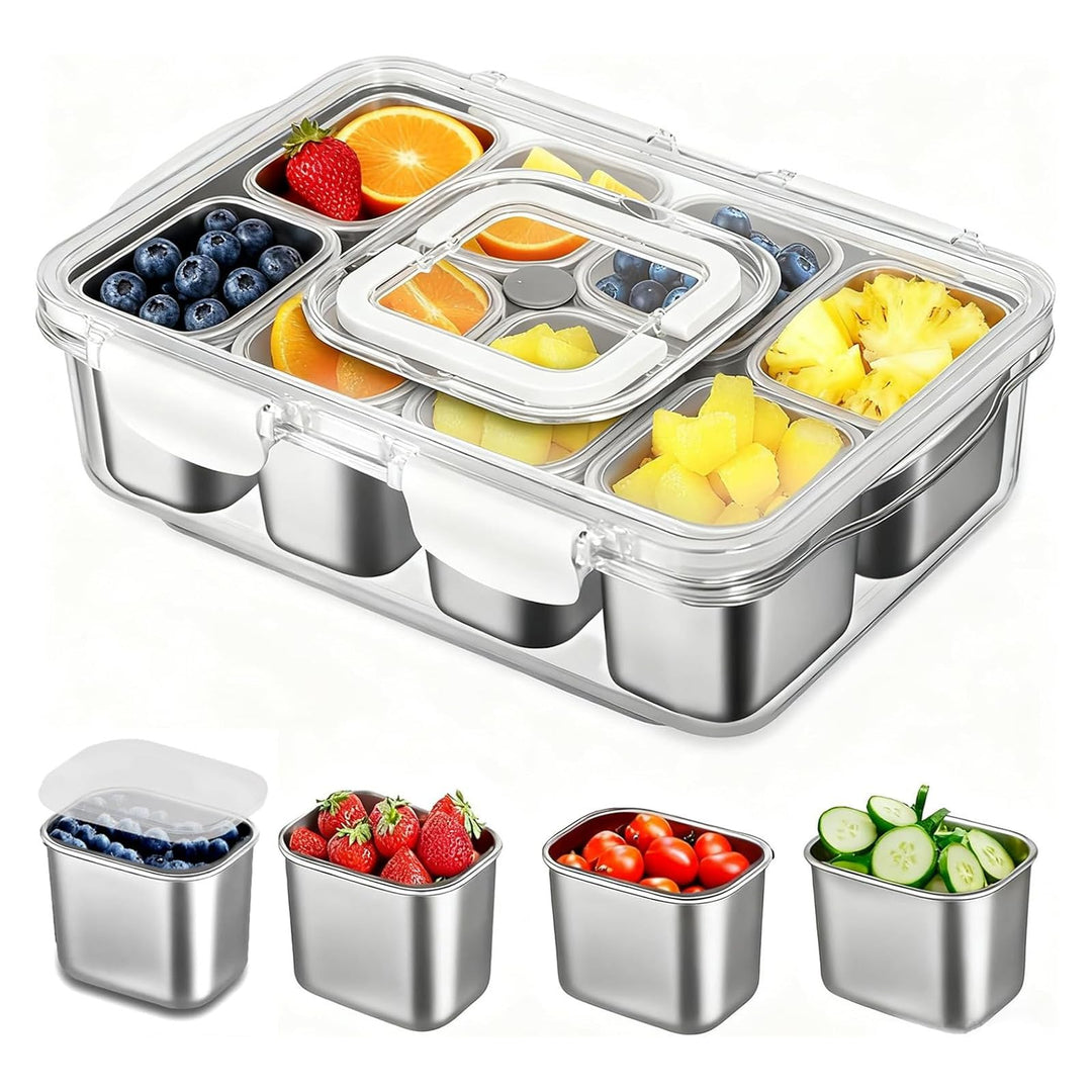 Snackbox mit 8 Edelstahl Fächern Tragbar Snack Aufbewahrungsbox mit Deckel und Griff, Auslaufsichere