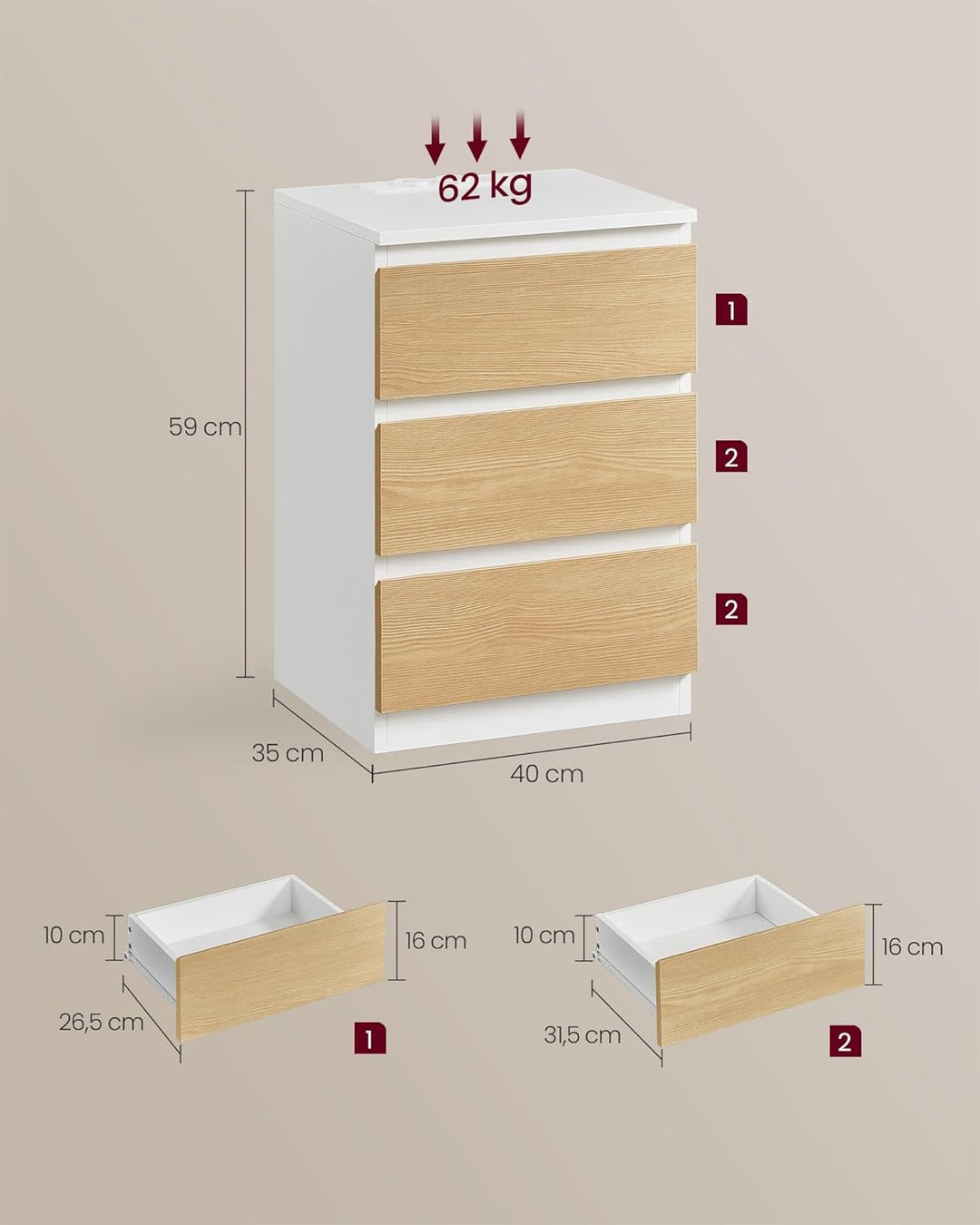 VASAGLE Kailyn Collection - Nachttisch mit Steckdosenleiste, 2er Set, Beistelltisch, 3 Schubladen, 2