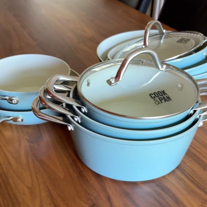 Cook & Pan - Go Blue Topfset und Pfannenset 9-teilig-Induktionsgeeignet-PFAS frei Keramik-Beschichtu