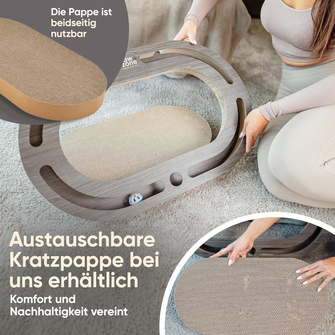 PAWZONE Kratzbrett [72x45 cm] beidseitig nutzbar + Pappe austauschbar [inkl. Katzenspielzeug] hochwe