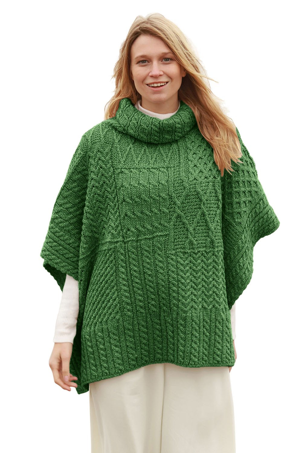 Irischer Aran Cowl Cape Patchwork Umhang Strickponcho Wollponcho 100% Merinowolle für Damen Grün, Gr