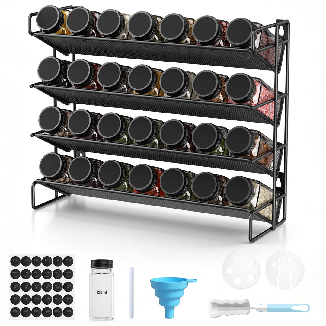 Gewürzregal Set mit Gläsern - 4 Ebenen Gewürzständer 28-tlg. Metall Schwarz - Küchen-Organizer inkl.