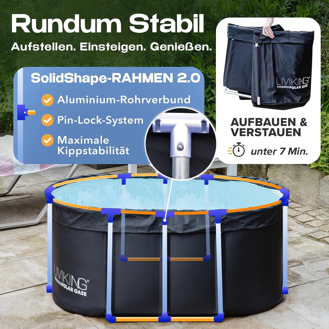 Eisbad 120 cm Komfort-Komplettset – faltbare Badewanne von LIVIKING® Schwarz 120 cm – Classic, Schwa