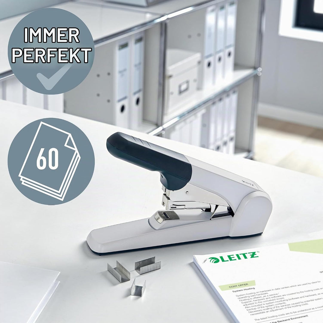 Leitz Extrastarkes Flachheftgerät, Für 60 Blatt Papier, Inkl. Heftklammern, Ergonomisches Design, Si