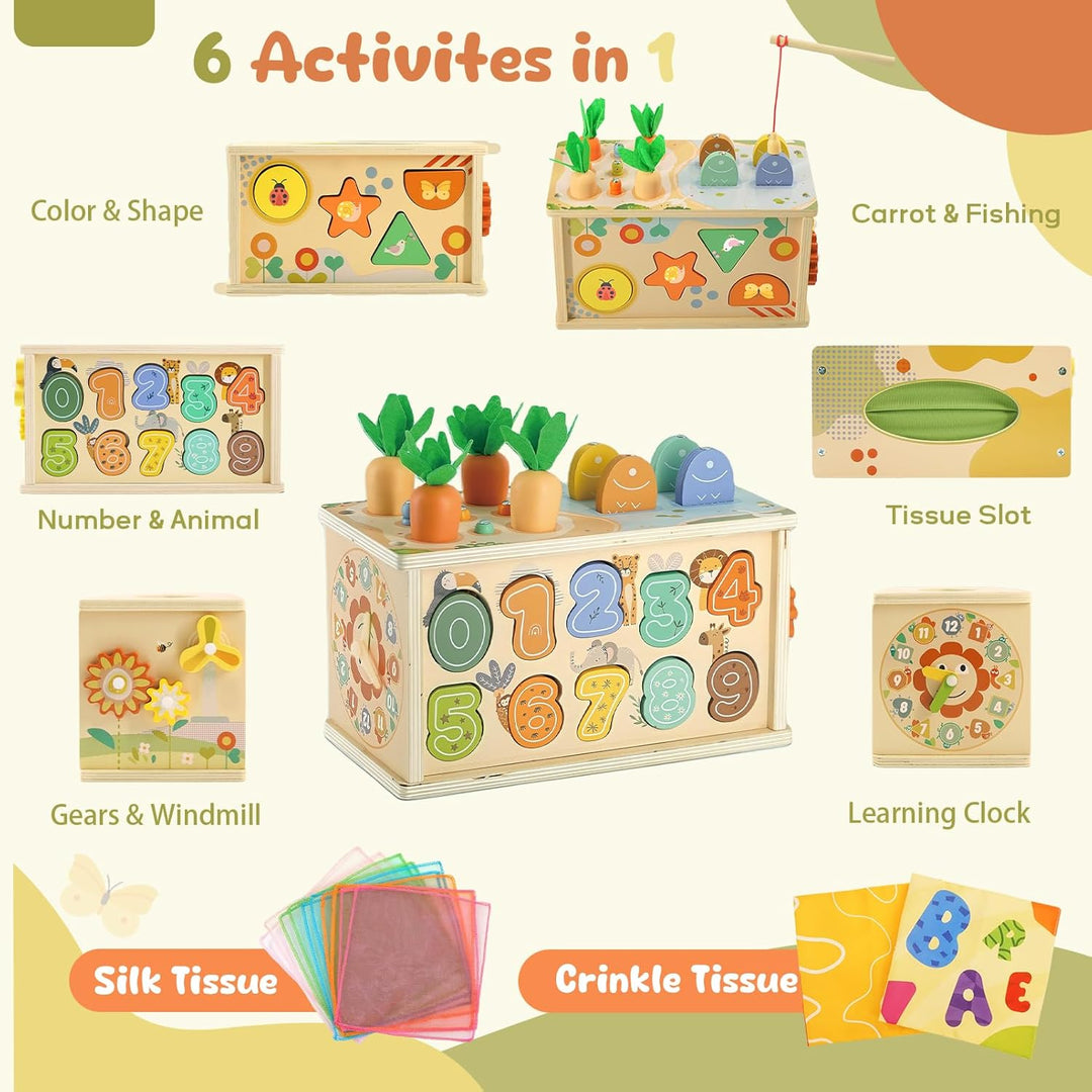 Montessori Spielzeug Baby ab 1 Jahr, 6 in 1 Tücherbox Montessori-Holzspielzeug mit Zahnrädern, Angel