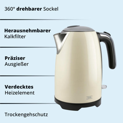 KHG Wasserkocher WK-1714 CE Creme Beige 1,7 Liter 2200 Watt, Retro Look, Abschaltautomatik, herausne