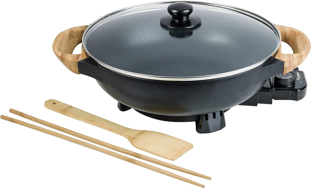 Bestron AEW100AS Elektrischer Wok mit Bambusgriffen, XL-Wokpfanne mit Glasdeckel im Asia Design, Ink