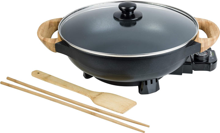 Bestron AEW100AS Elektrischer Wok mit Bambusgriffen, XL-Wokpfanne mit Glasdeckel im Asia Design, Ink