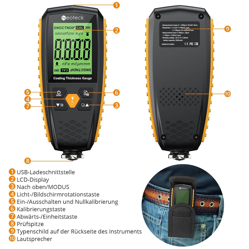 Neoteck Lackdickenmessgerät Wiederaufladbar Schichtdickenmessgerät Automatische Erkennung mit Lesero
